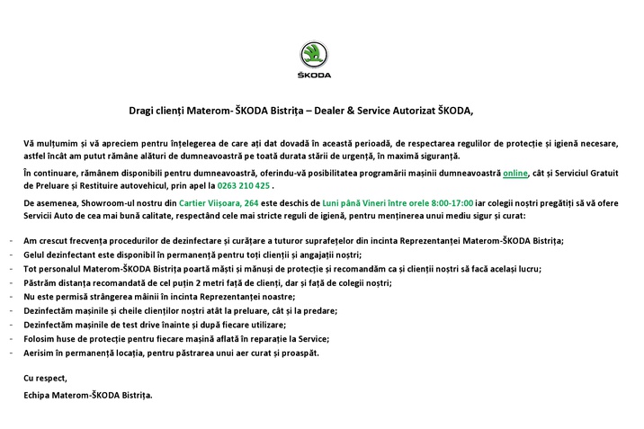Dragi clienți Materom- ŠKODA Bistrița